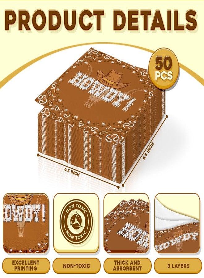 JOYGATHER Western Cowboy - 50PCS Brown Cocktail Napkins, 3-Ply Disposable Paper 6.5x6.5 Inches HOWDY Wild West Rodeo Bandana Birthday Decorations, Baby Shower, Bachelorette, Party Men & Women - Image 2